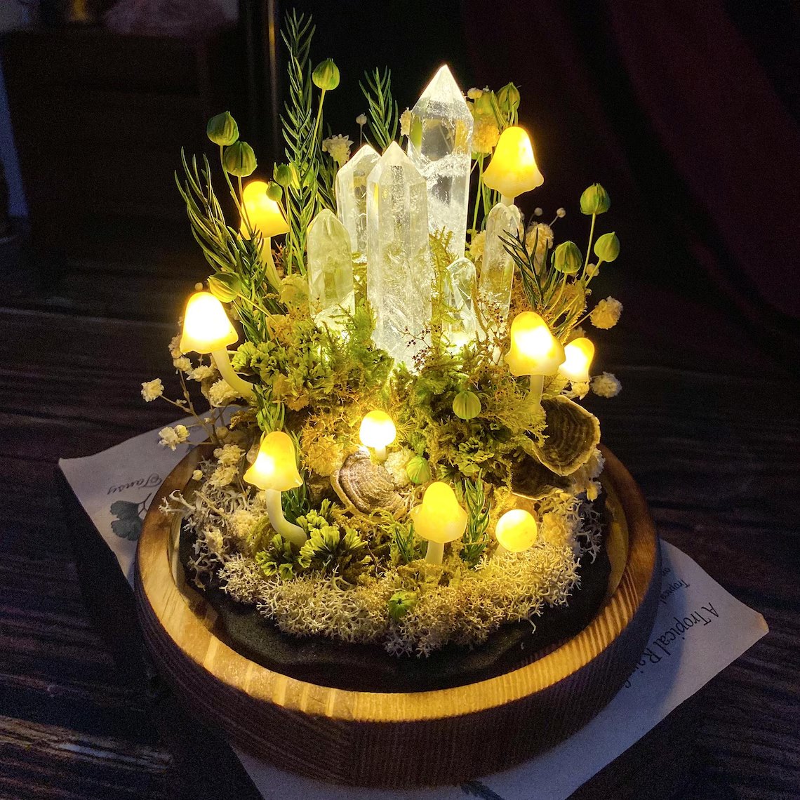 Mushroom crystal moss arrangement without dome, glowing