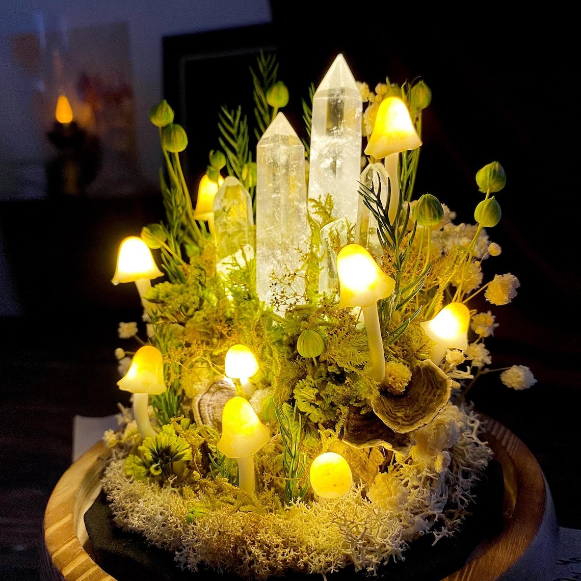 Glowing mushrooms, crystals and moss, side view