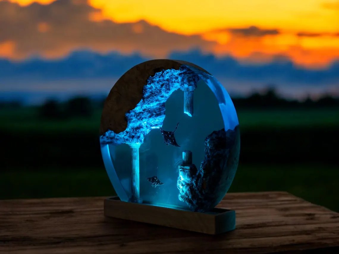 Angled view of the round sunken ruins resin lamp