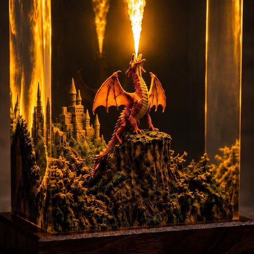 Close-up of the orange dragon breathing fire above castle spires
