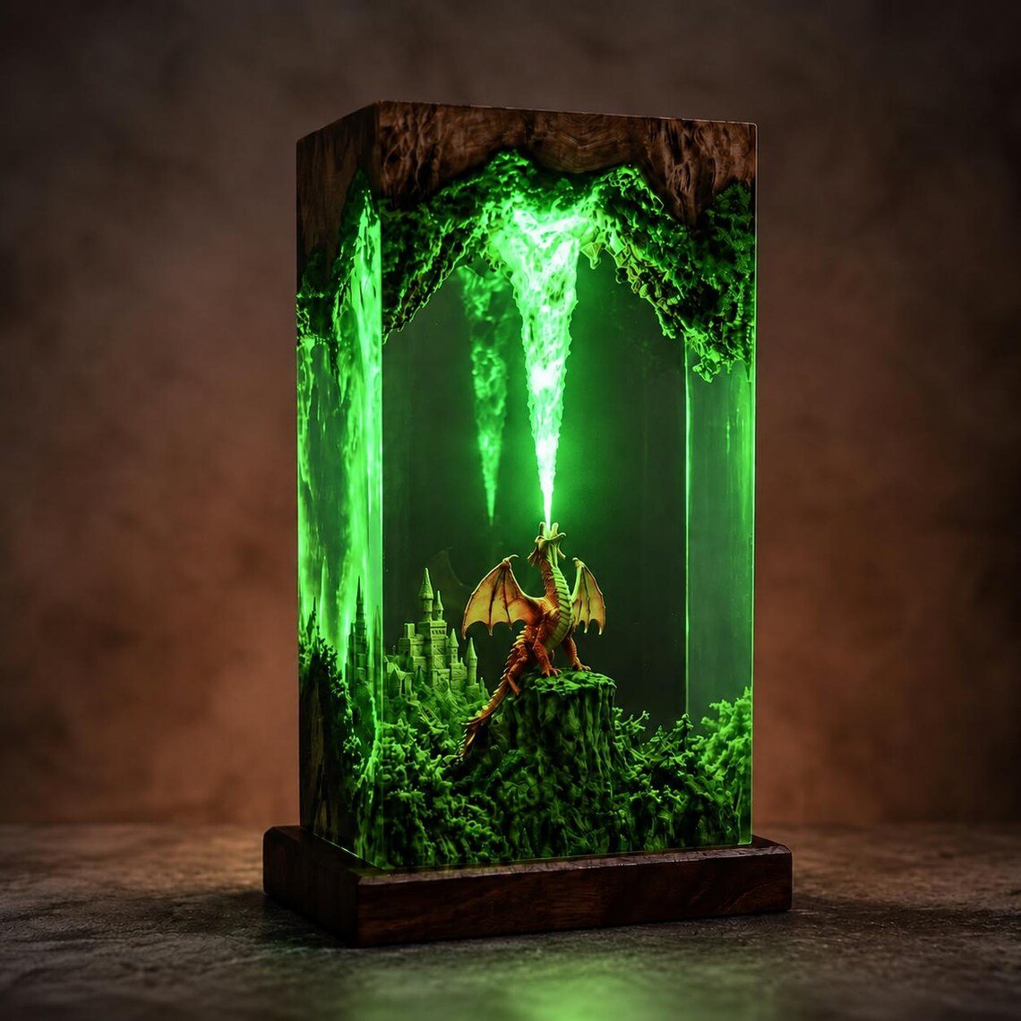 Dragon castle cliff resin lamp glowing green