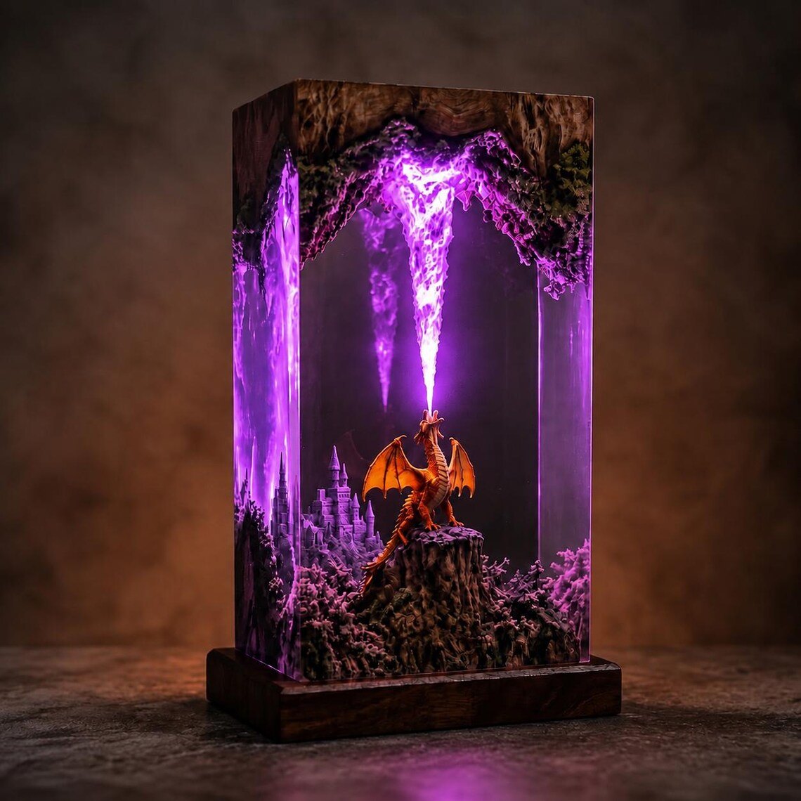 Fire-breathing dragon resin lamp glowing violet