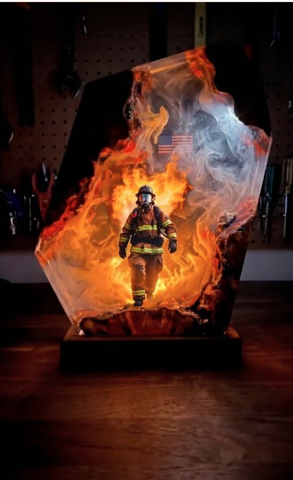 Firefighter resin lamp, firefighter walking through glowing flames with American flag