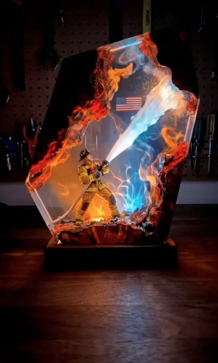 Firefighter resin lamp with hose spraying a blue-white stream through flames