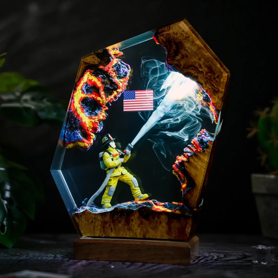 Firefighter resin lamp with hose stream and American flag, white glow