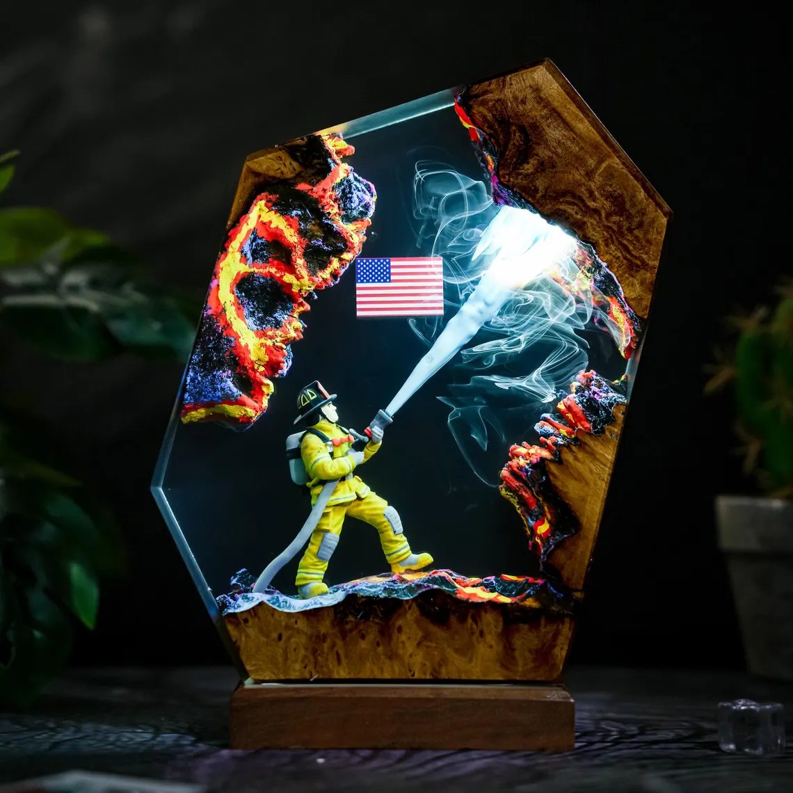Firefighter resin lamp with lava-coloured rock edges, cool light