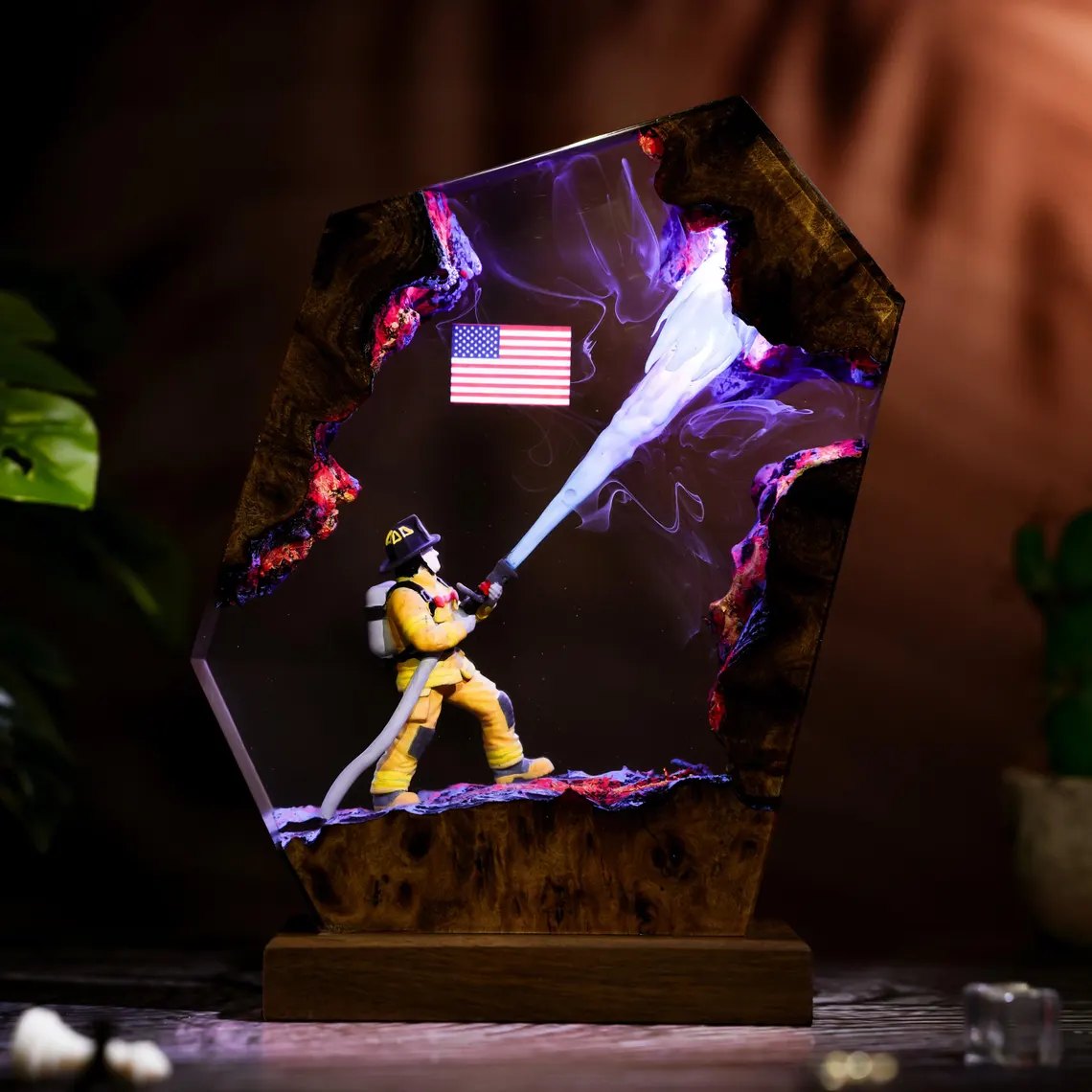 Firefighter resin lamp glowing purple with American flag