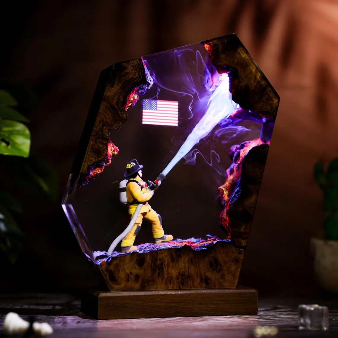 Firefighter resin lamp side view in purple light