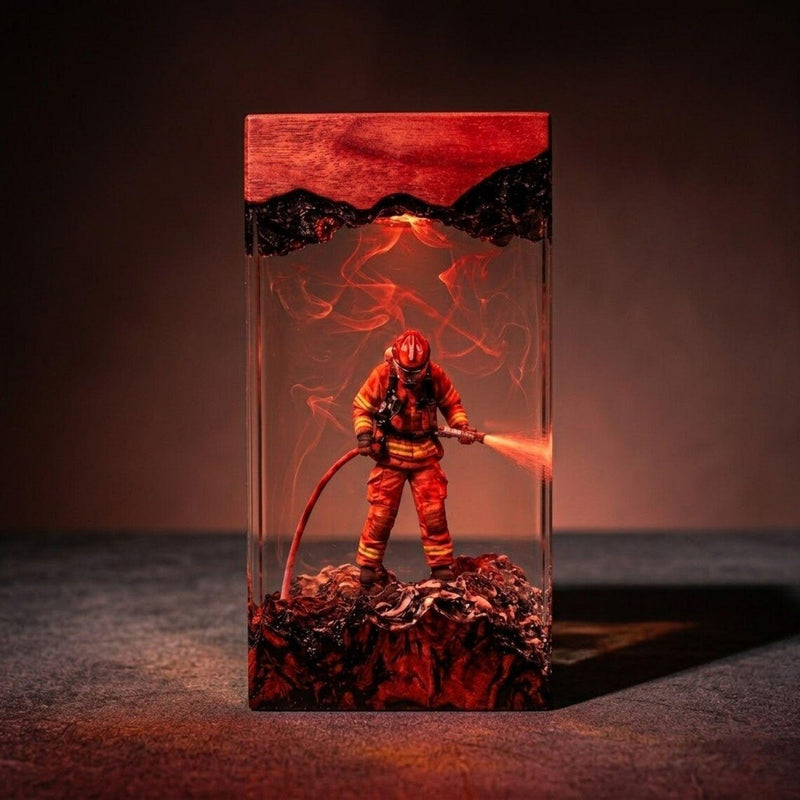 Firefighter resin lamp block glowing red with red wood top