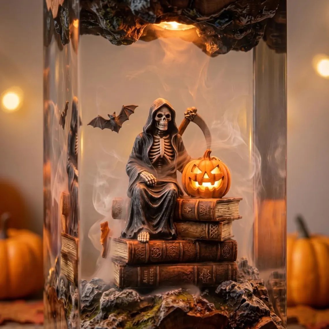 Close-up of grim reaper on books beside a jack-o'-lantern