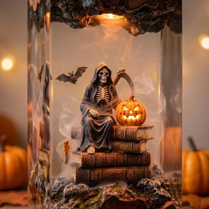 Close-up of grim reaper on books beside a jack-o'-lantern