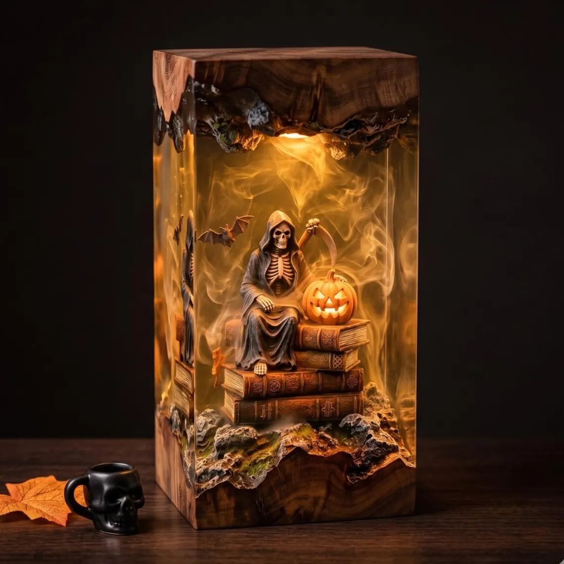 Grim reaper Halloween resin lamp glowing amber