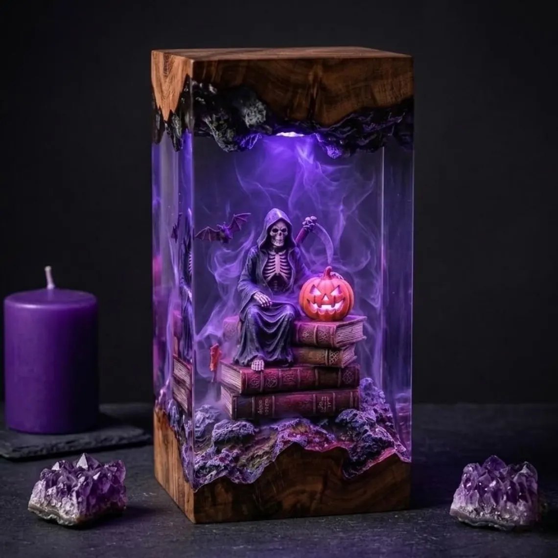 Grim reaper and pumpkin resin lamp glowing purple
