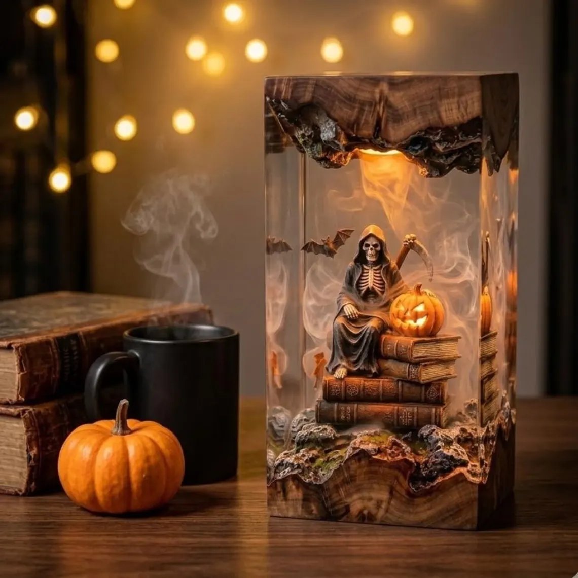 Grim reaper Halloween epoxy lamp with books and mini pumpkin