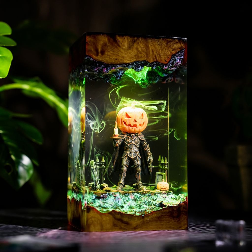 Halloween pumpkin knight resin lamp glowing green