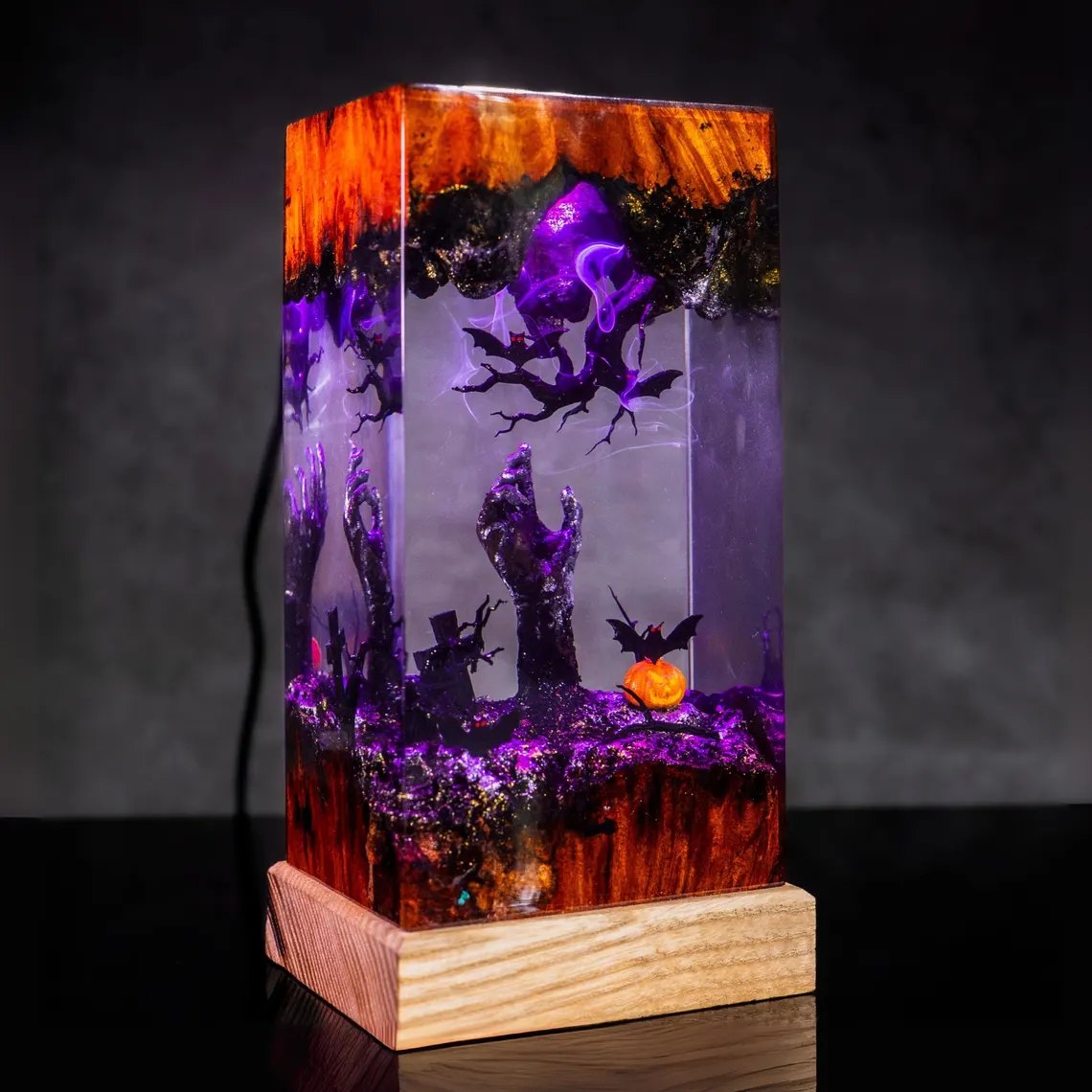 Zombie hands haunted tree resin lamp glowing purple