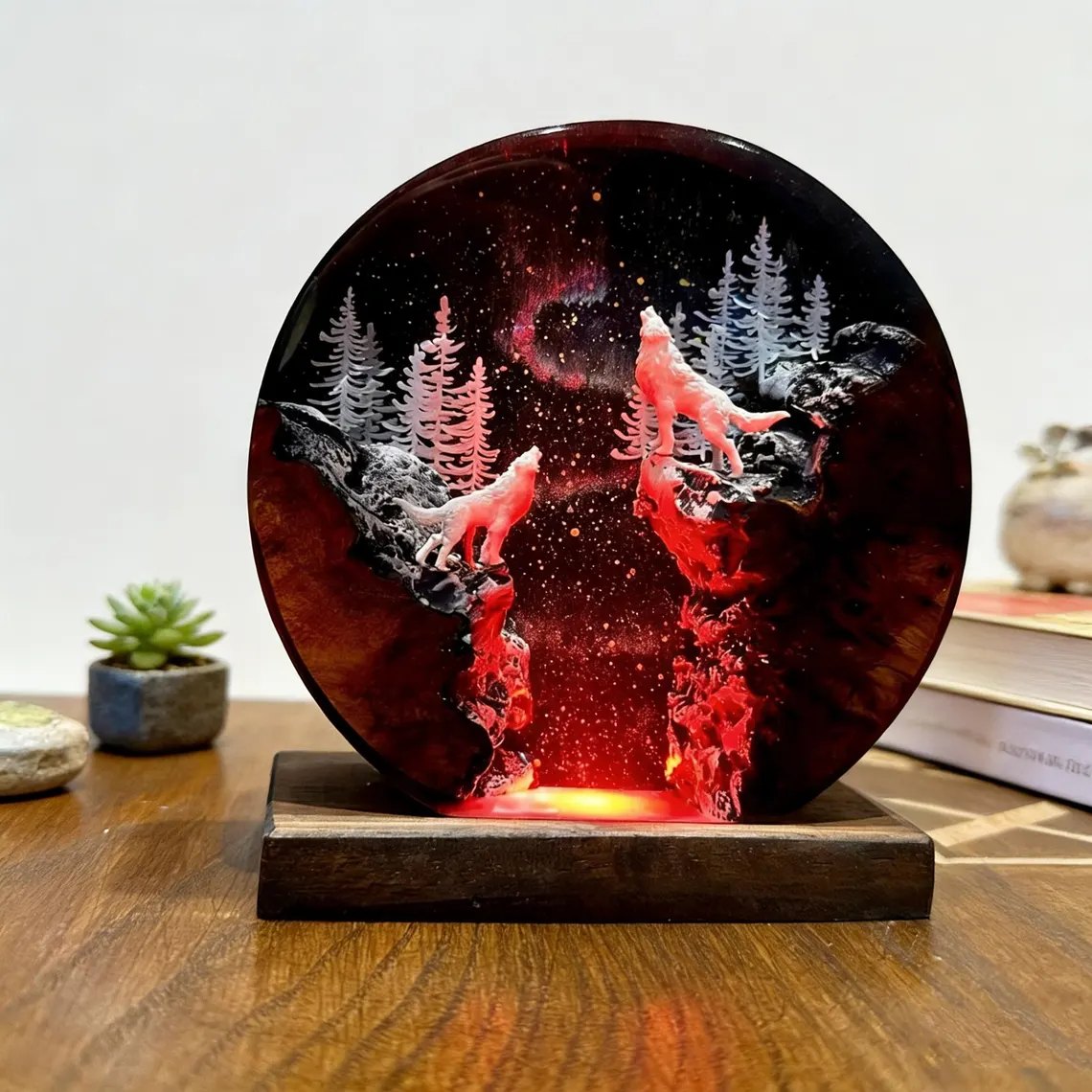Two wolves aurora epoxy night light lit in red