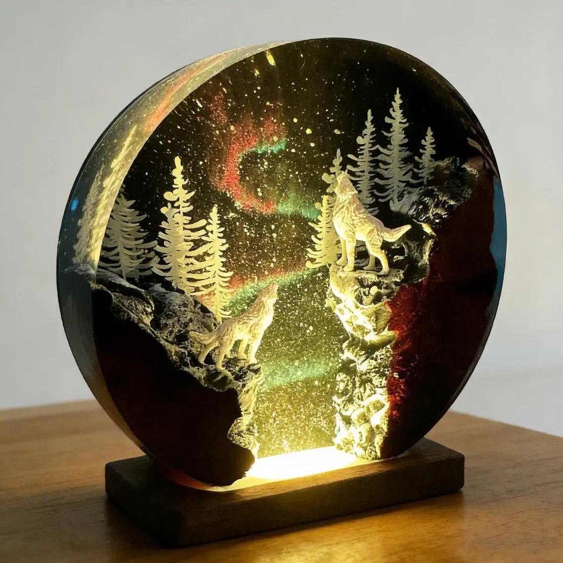 Round wolf resin lamp glowing warm yellow