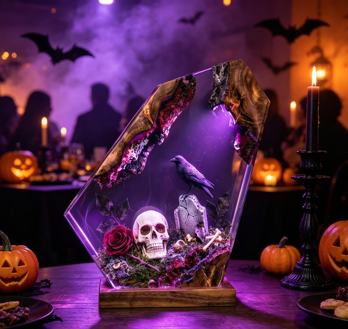Epoxy Resin Lamp — Skull, Raven and Red Rose Graveyard, Halloween Resin Art Lamp with Wood Base - view 5