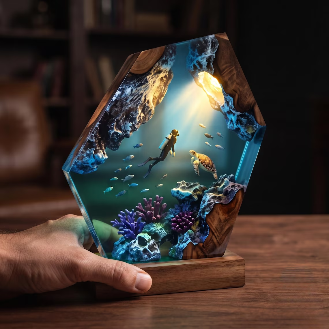 Resin Diving Lamp — Scuba Diver, Sea Turtle & Purple Coral Reef in Faceted Resin with Wood Base - view 5