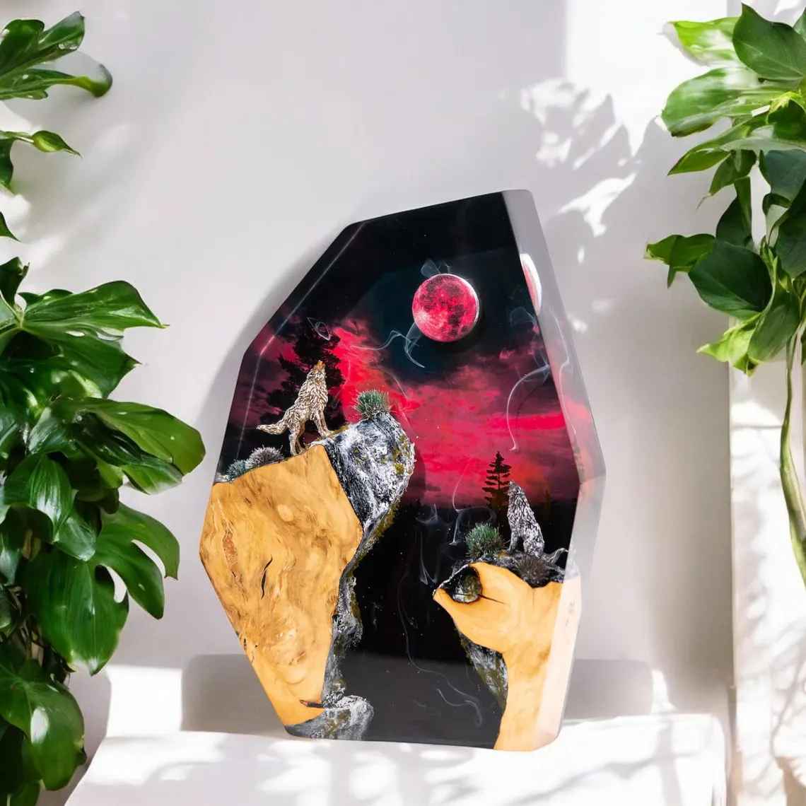Resin Lamp — Two Wolves Howling under a Full Moon and Red Sky, Natural Wood Resin Art Lamp - view 3