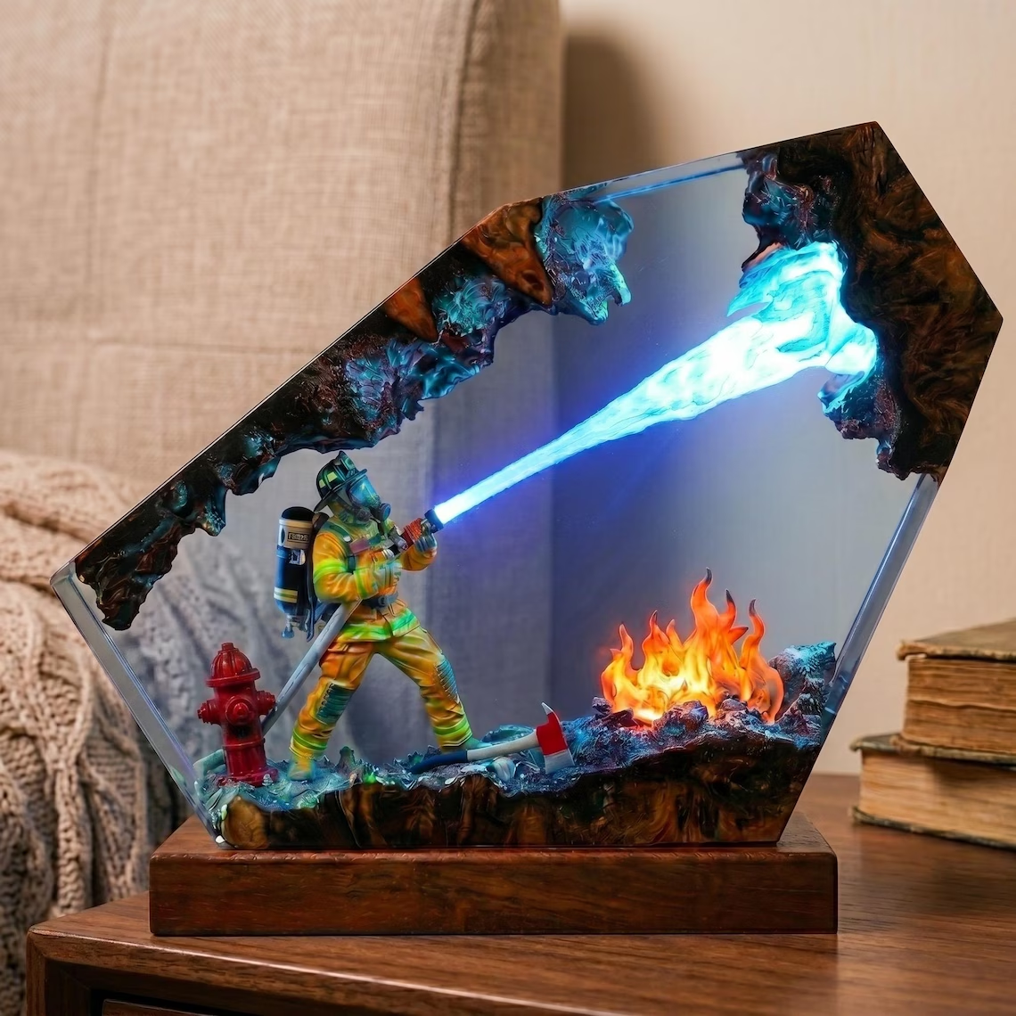 Resin Lamp — Firefighter with Hose, Hydrant and Flames, Epoxy Resin Art Lamp with Wood Base - view 2