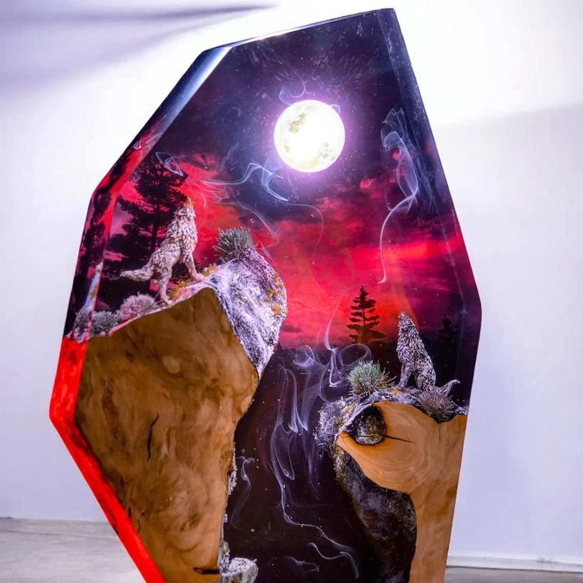 Resin Lamp — Two Wolves Howling under a Full Moon and Red Sky, Natural Wood Resin Art Lamp - view 2