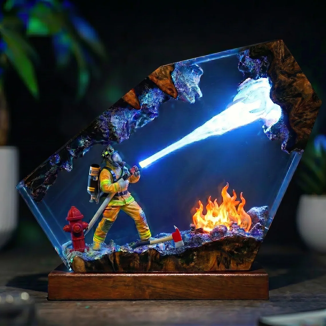 Resin Lamp — Firefighter with Hose, Hydrant and Flames, Epoxy Resin Art Lamp with Wood Base - view 1