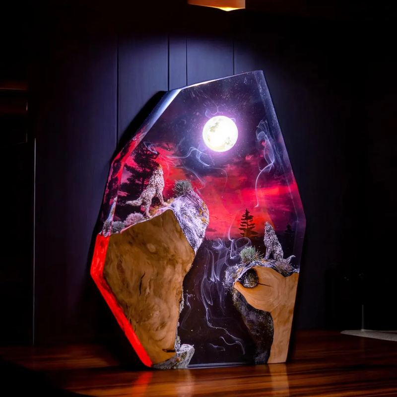 Resin Lamp — Two Wolves Howling under a Full Moon and Red Sky, Natural Wood Resin Art Lamp - view 1