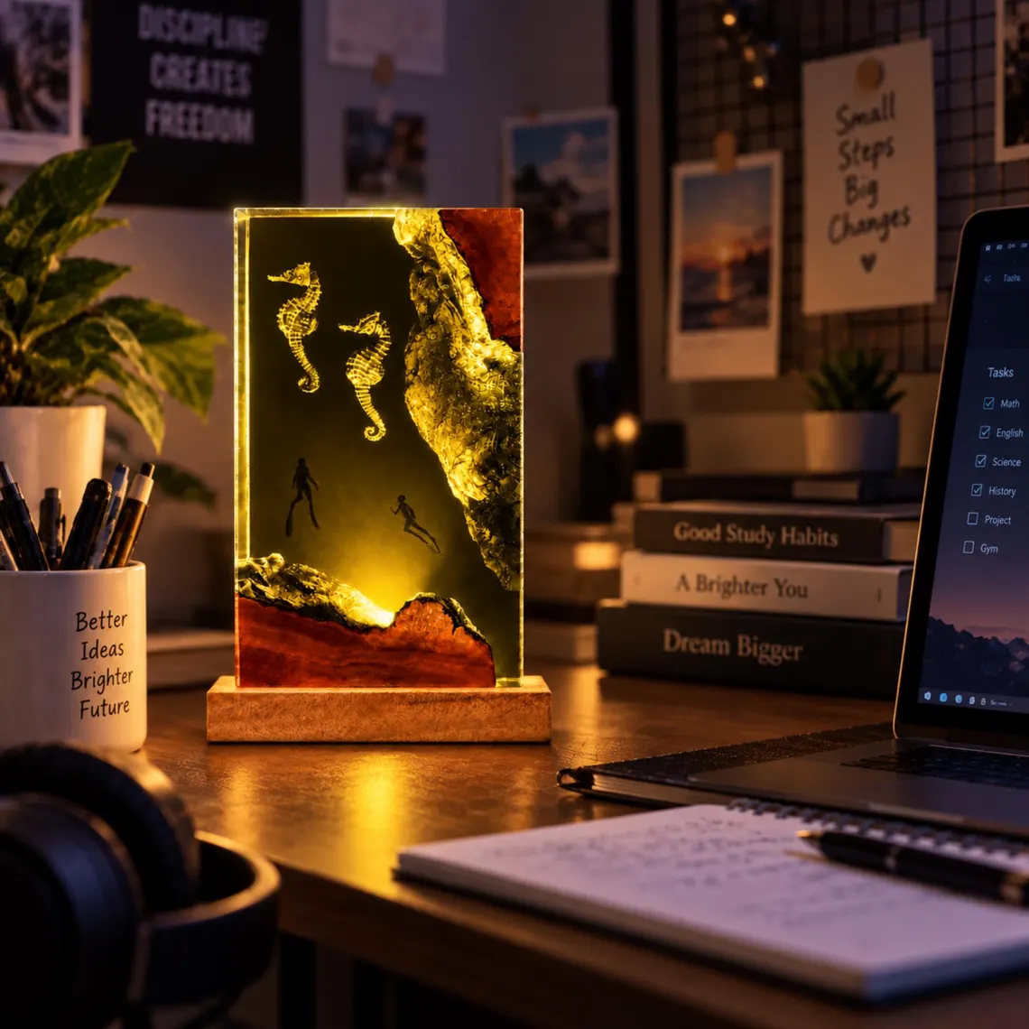 Epoxy Resin Lamp — Two Seahorses & Two Divers by a Blue Reef Wall with Red Wood and Wood Base - view 4