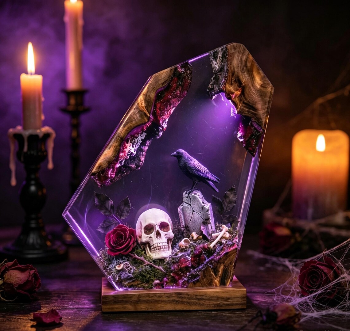 Epoxy Resin Lamp — Skull, Raven and Red Rose Graveyard, Halloween Resin Art Lamp with Wood Base - view 4
