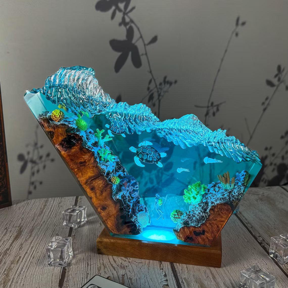 Epoxy Lamp — Sea Turtles, Jellyfish & Diver under a Breaking Wave Crest with Natural Wood - view 4