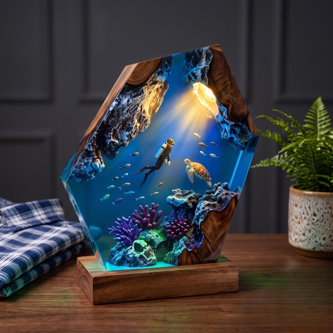 Resin Diving Lamp — Scuba Diver, Sea Turtle & Purple Coral Reef in Faceted Resin with Wood Base - view 4