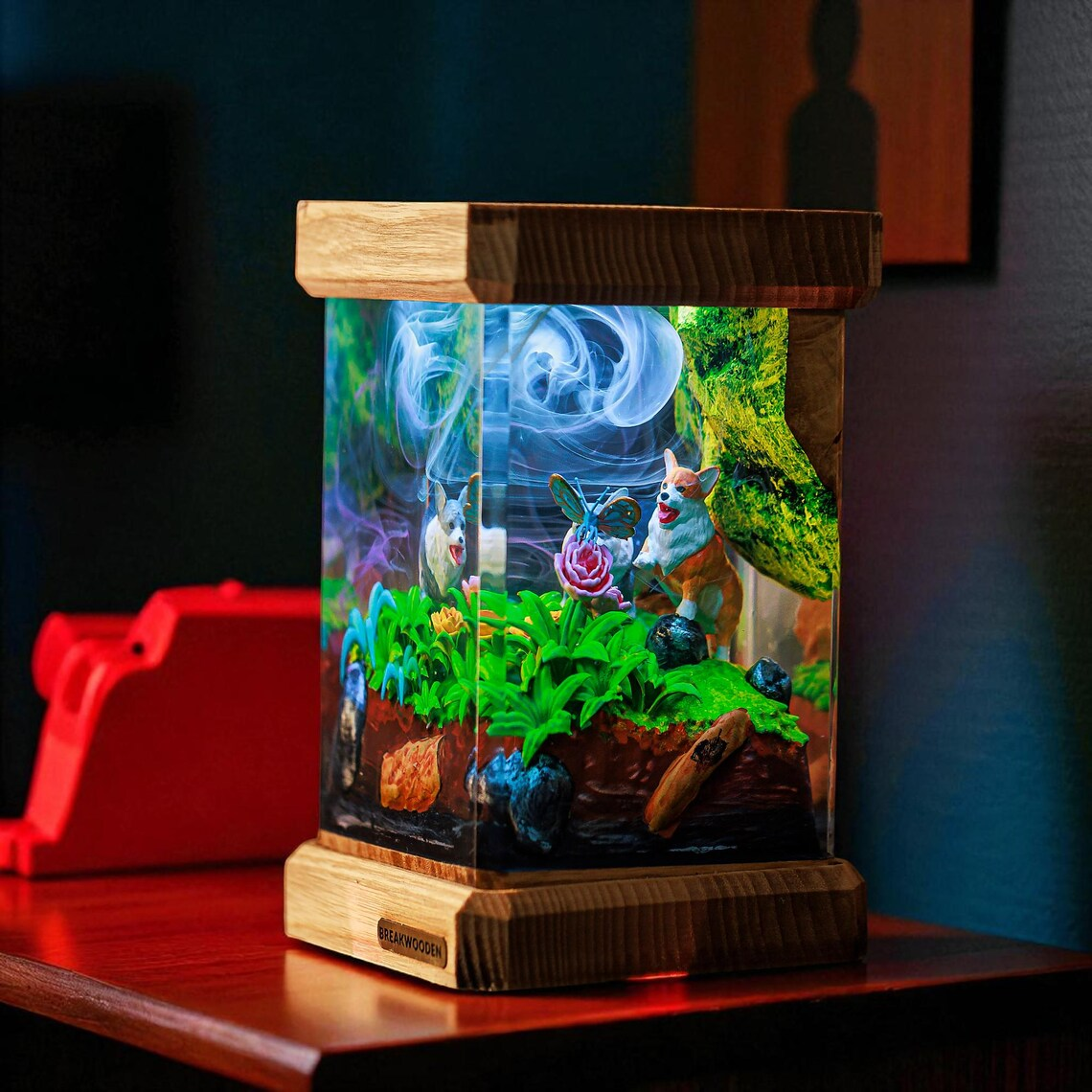 Epoxy Resin Lamp — Two Corgis and a Butterfly in a Bright Green Garden, Wood Top and Base - view 3