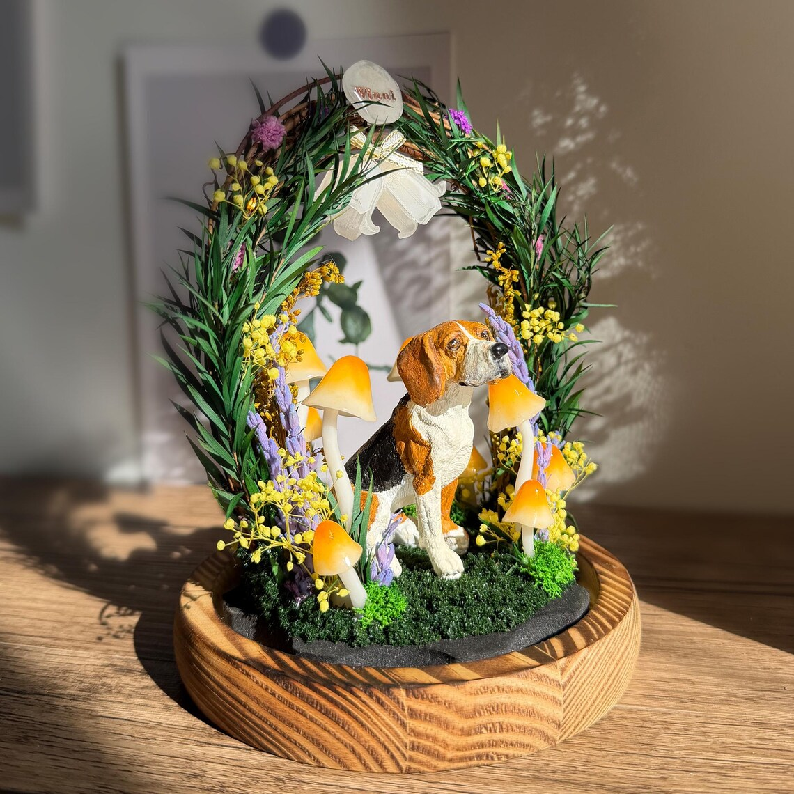 Resin Lamp — Cat in a Glowing Mushroom Garden Arch under a Clear Dome, Resin Art Lamp on Wood Base - view 4
