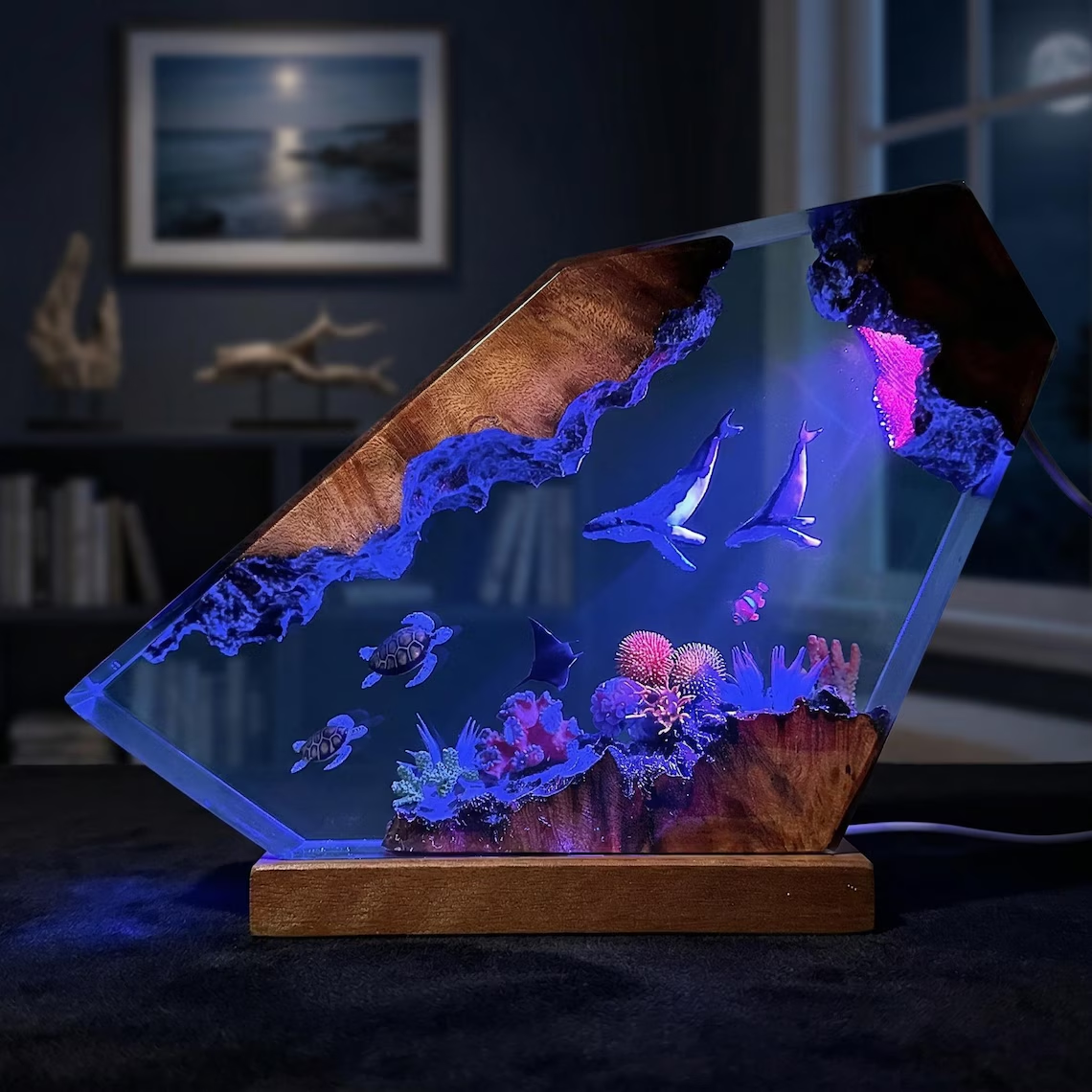 Ocean Lamp — Two Whales, Sea Turtles & Coral Reef in Epoxy Resin with Wood Edges and Base - view 3