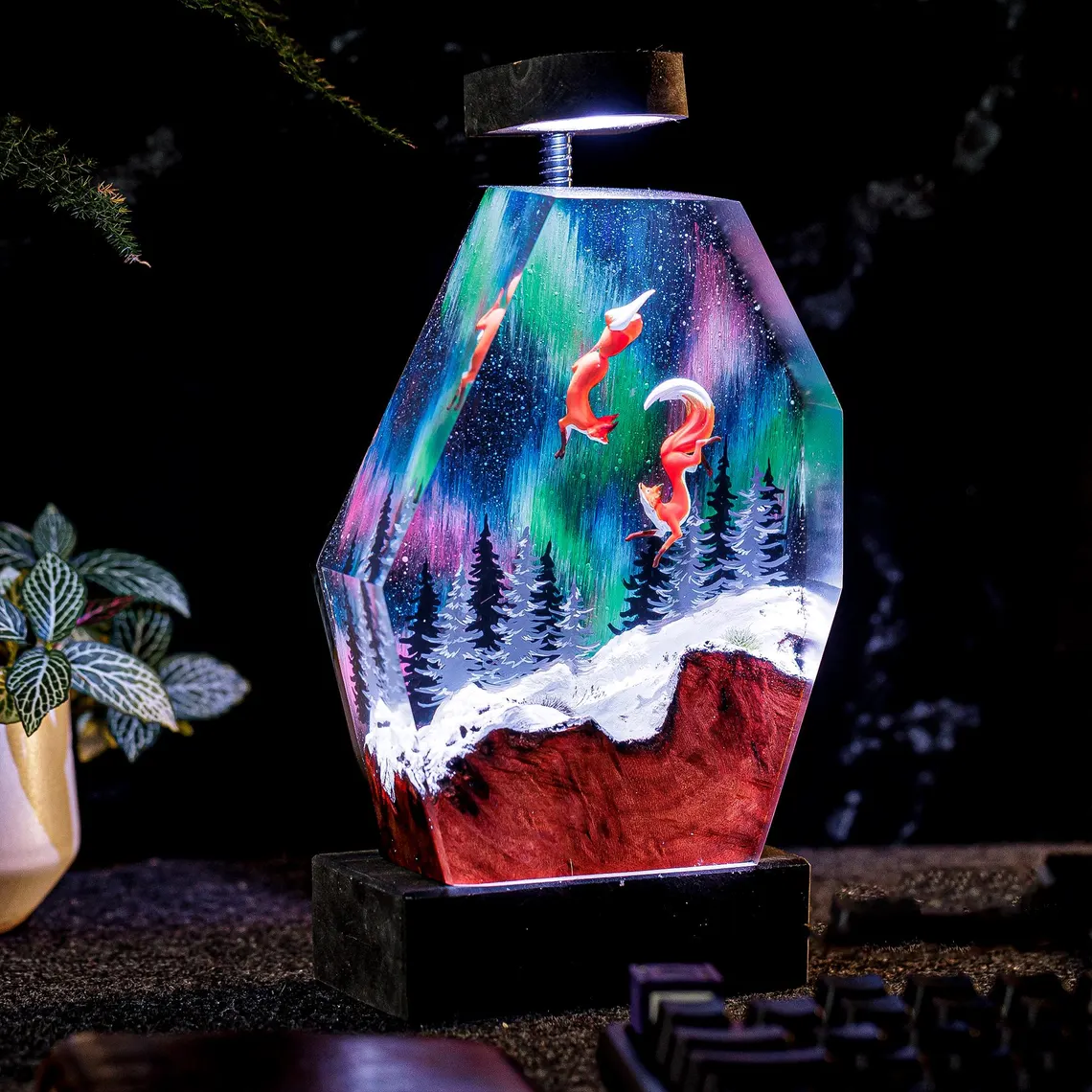 Resin Lamp — Two Red Foxes Leaping under the Aurora over Snowy Pines, Burl Wood Resin Art Lamp - view 4