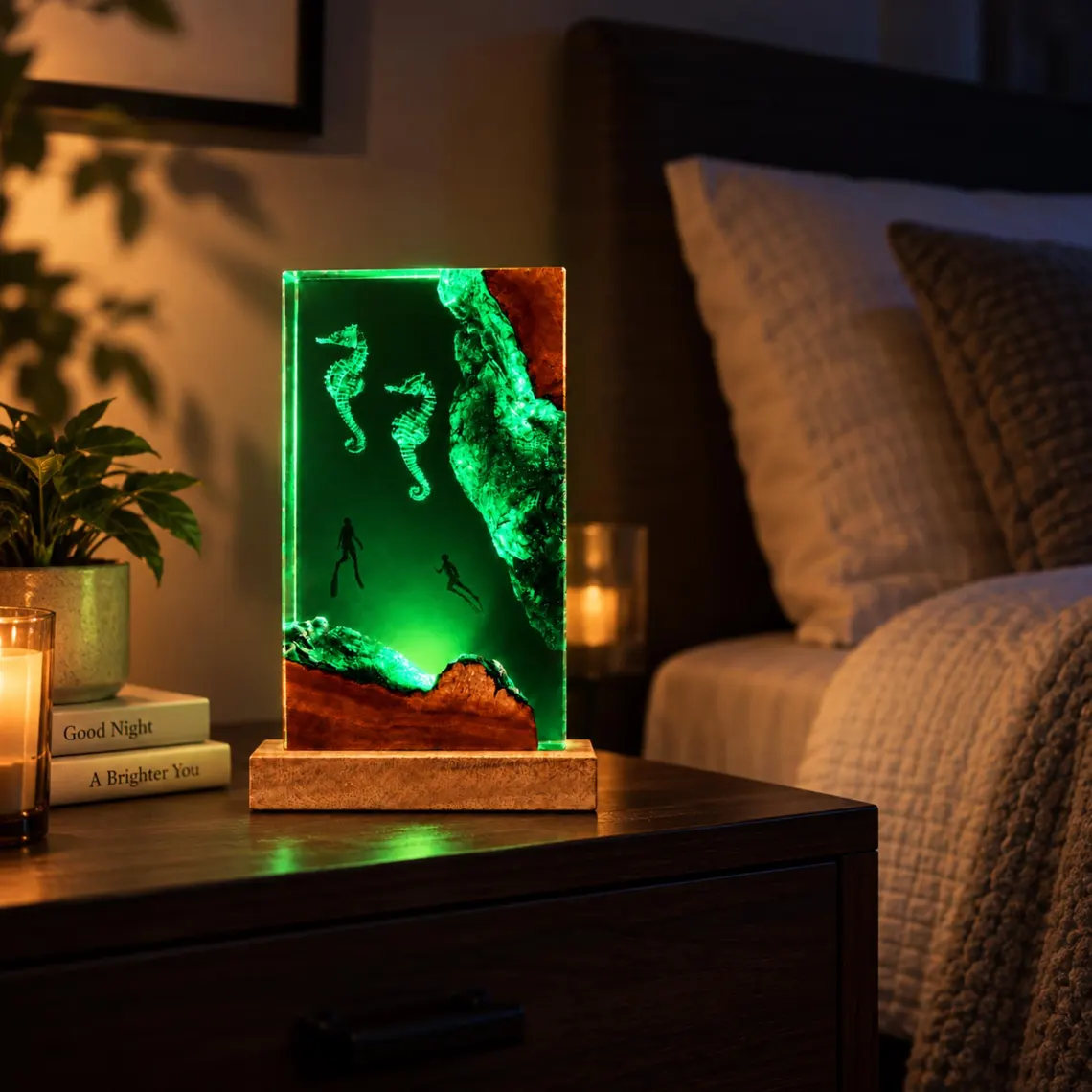 Epoxy Resin Lamp — Two Seahorses & Two Divers by a Blue Reef Wall with Red Wood and Wood Base - view 3