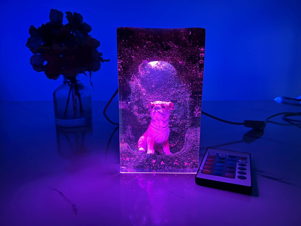 Epoxy Resin Lamp — Pug in a Glowing Green Moss Arch, Color-Changing Resin Art Lamp - view 3
