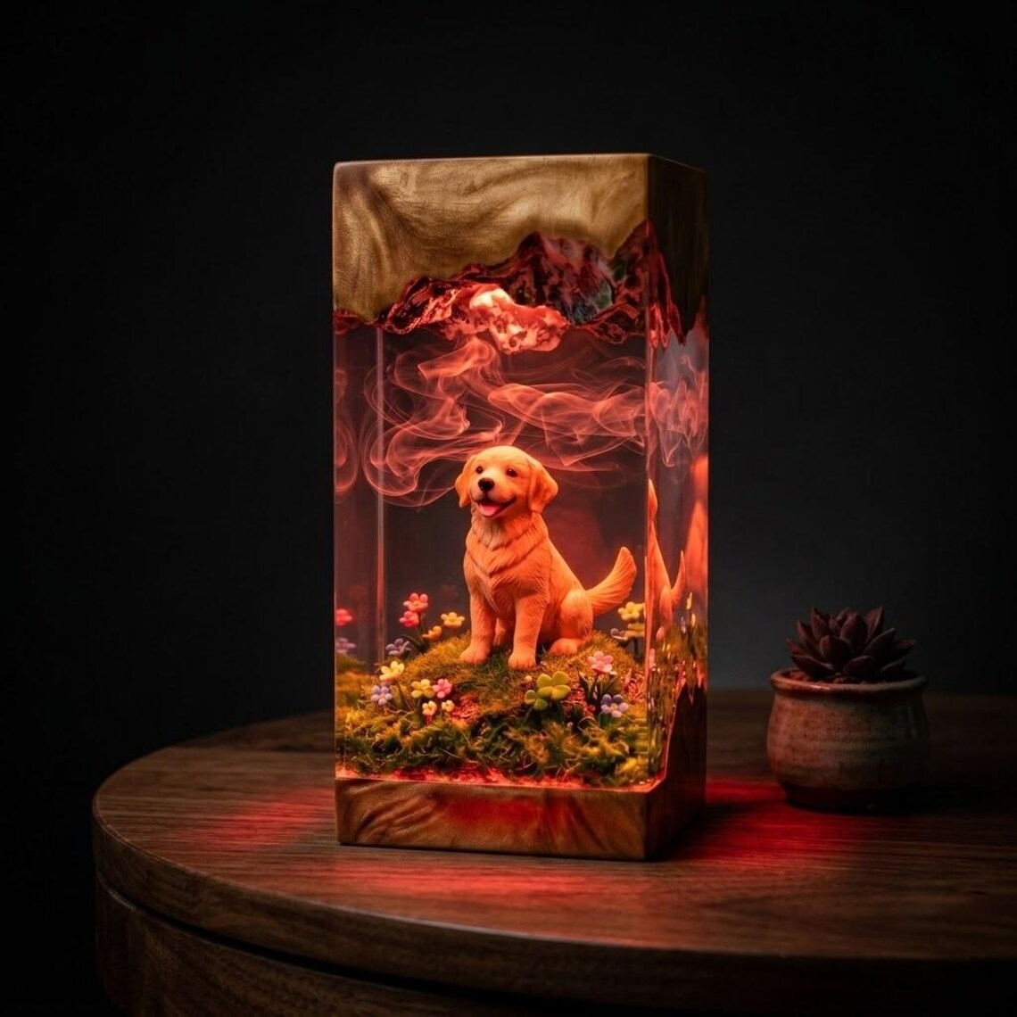 Resin Lamp — Golden Puppy in a Flower Meadow with Smoke Swirls, Resin Art Lamp with Wood Base - view 3