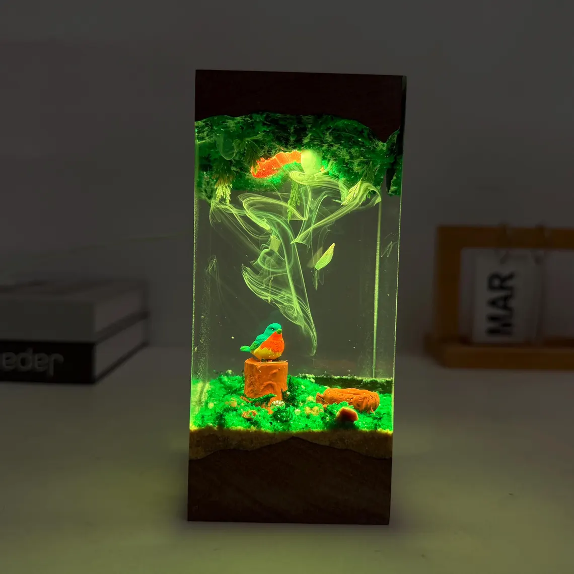 Resin Lamp — Little Songbird on a Mossy Stump Forest Scene, Resin Art Lamp with Wood Top and Base - view 4