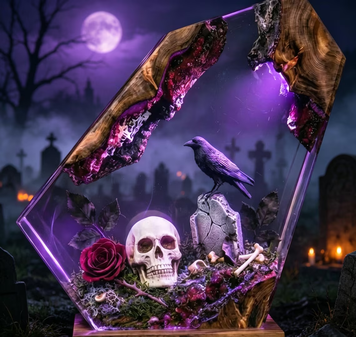 Epoxy Resin Lamp — Skull, Raven and Red Rose Graveyard, Halloween Resin Art Lamp with Wood Base - view 3