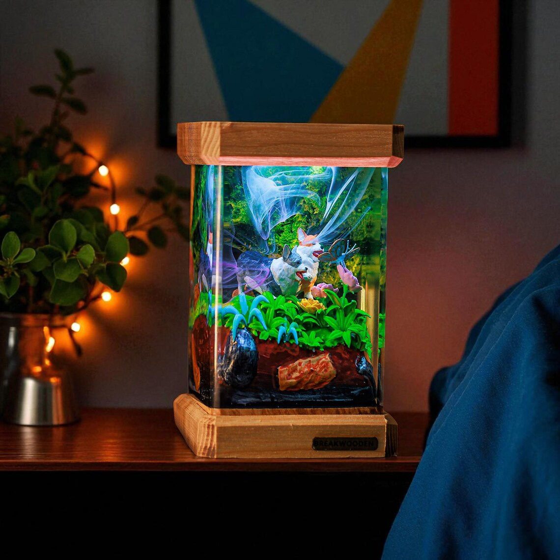 Epoxy Resin Lamp — Two Corgis and a Butterfly in a Bright Green Garden, Wood Top and Base - view 4