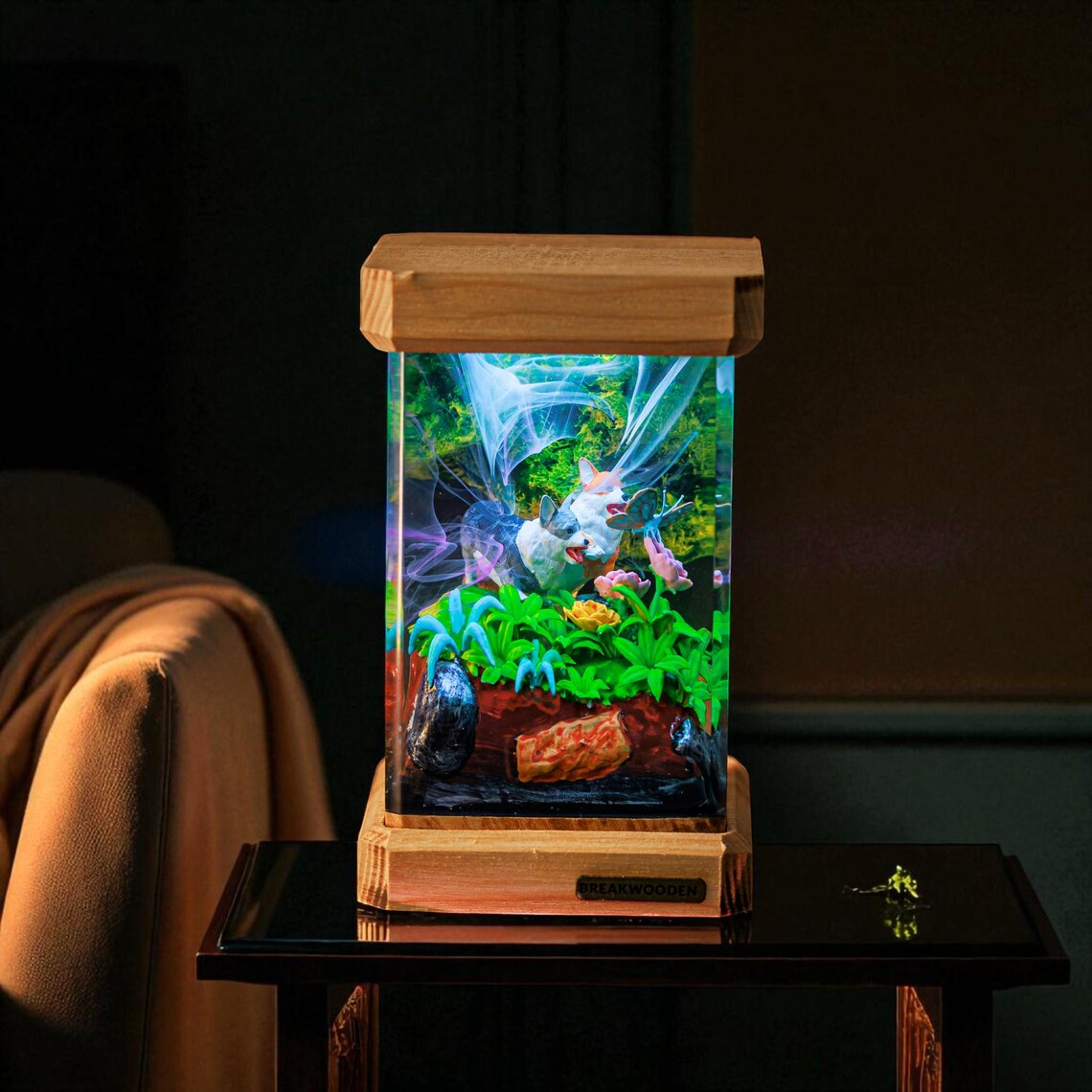 Epoxy Resin Lamp — Two Corgis and a Butterfly in a Bright Green Garden, Wood Top and Base - view 2