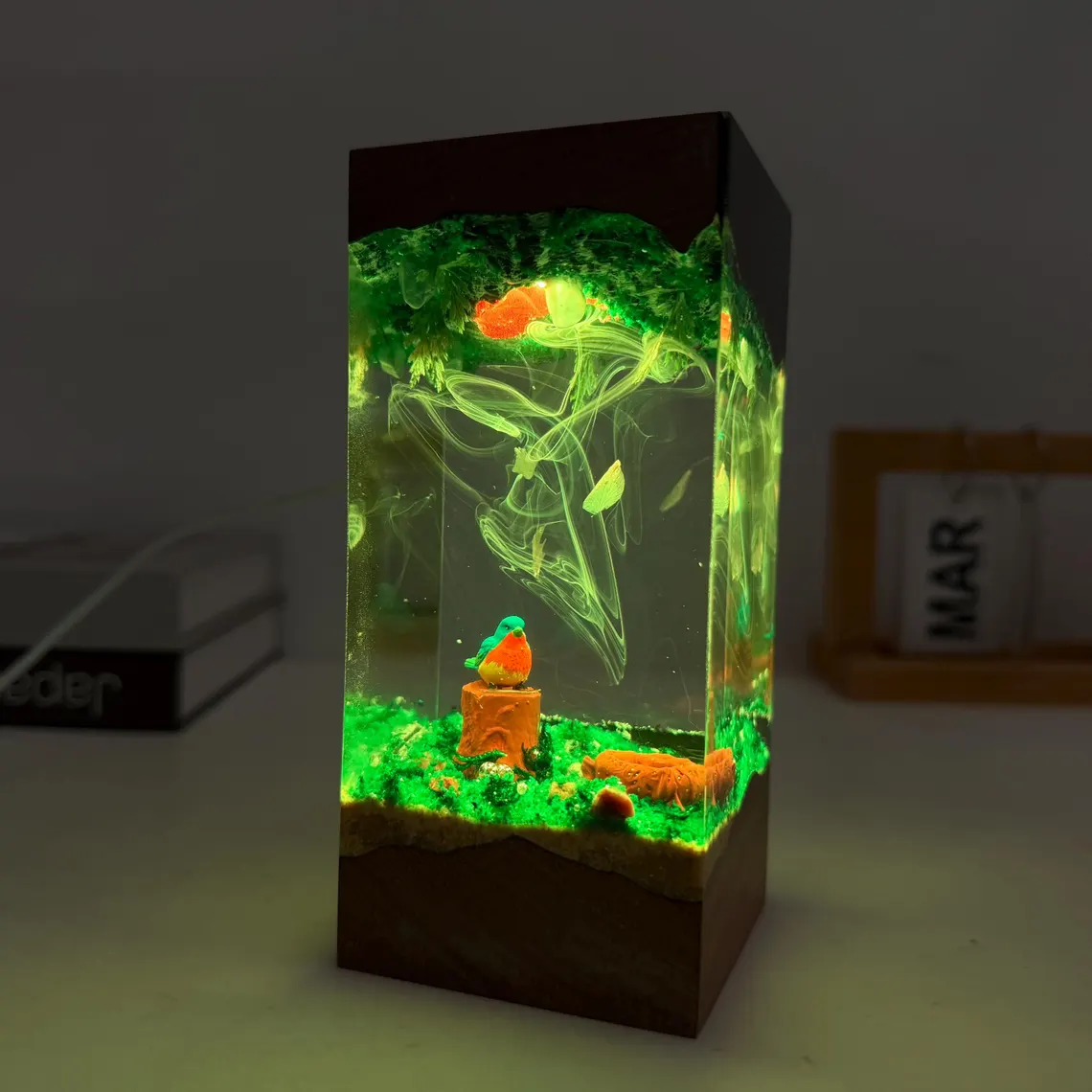 Resin Lamp — Little Songbird on a Mossy Stump Forest Scene, Resin Art Lamp with Wood Top and Base - view 3