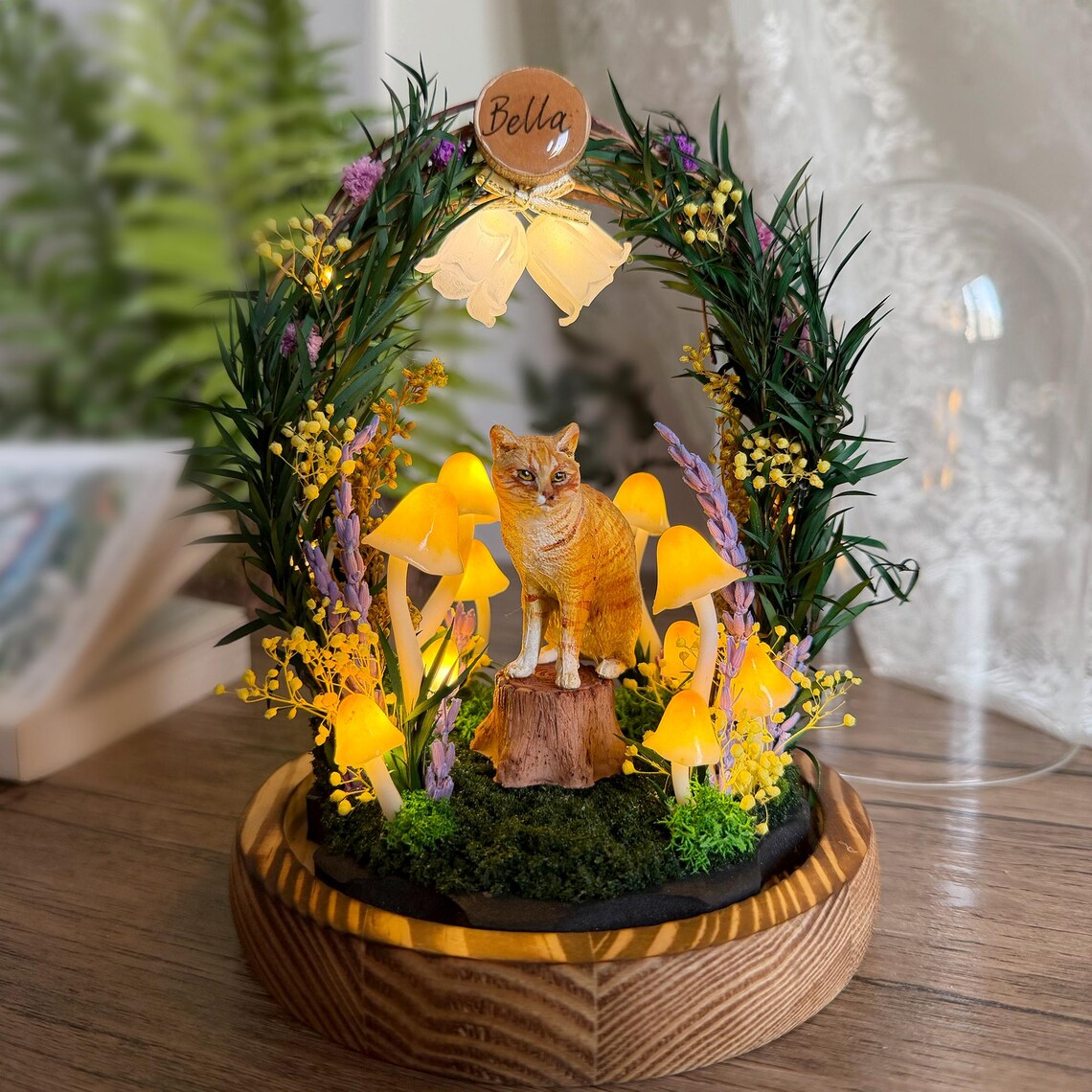 Resin Lamp — Cat in a Glowing Mushroom Garden Arch under a Clear Dome, Resin Art Lamp on Wood Base - view 3