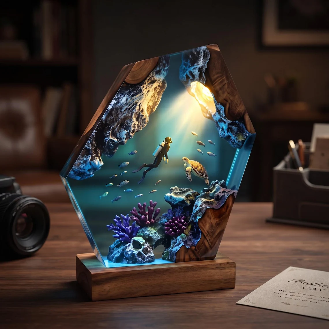 Resin Diving Lamp — Scuba Diver, Sea Turtle & Purple Coral Reef in Faceted Resin with Wood Base - view 3