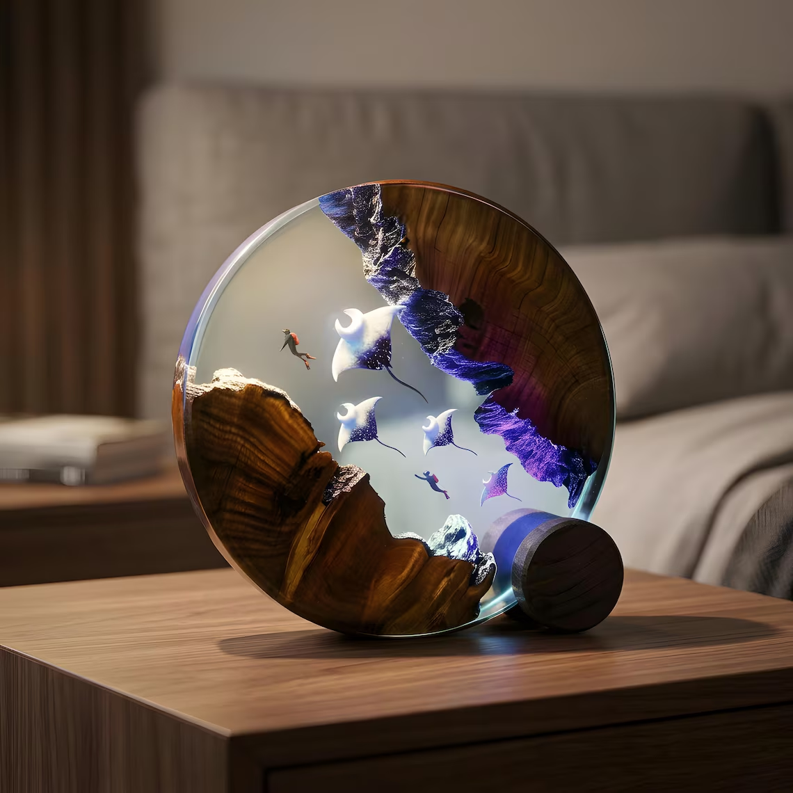 Resin Ocean Lamp — Manta Rays & Scuba Diver in a Round Disc with Natural Wood Edges - view 3