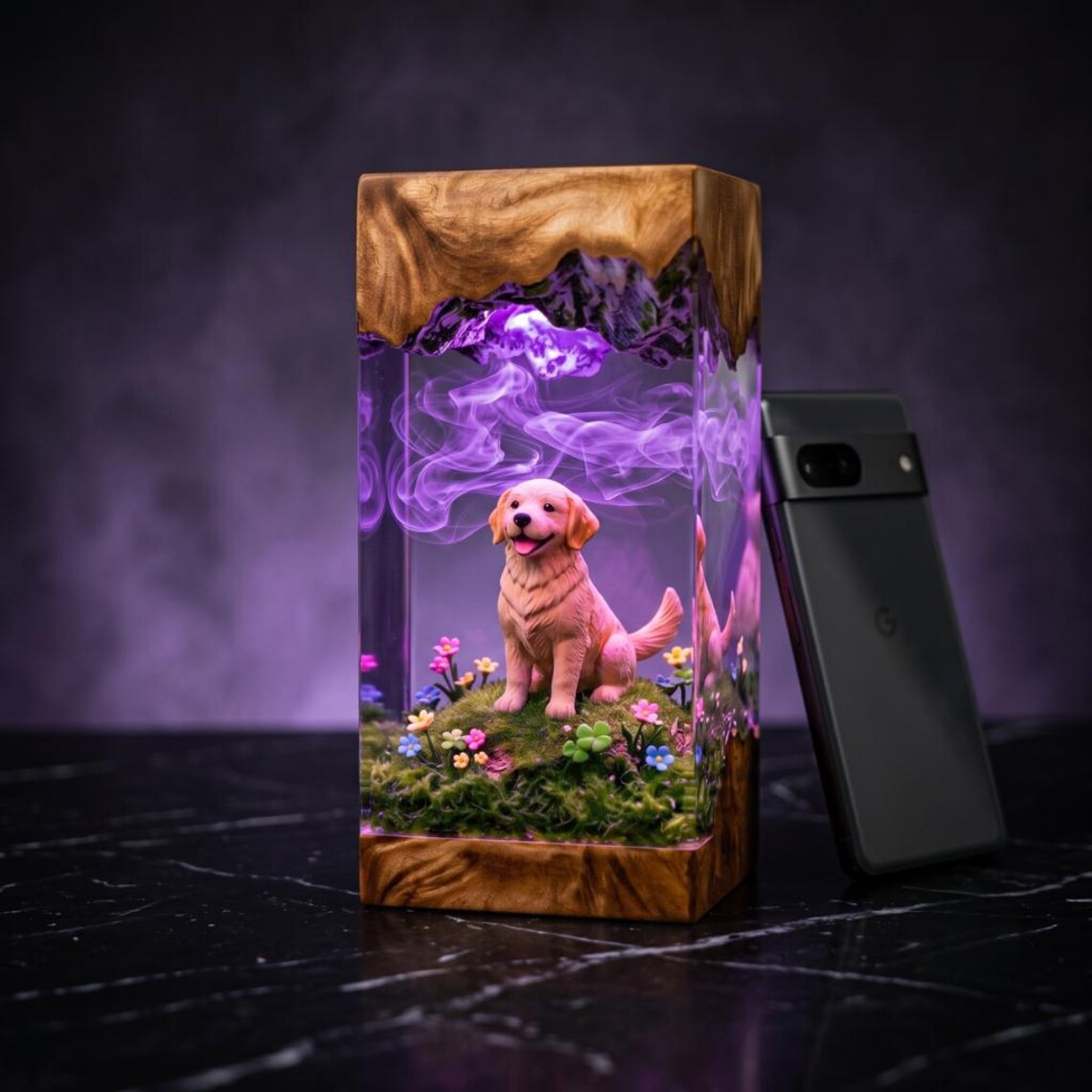 Resin Lamp — Golden Puppy in a Flower Meadow with Smoke Swirls, Resin Art Lamp with Wood Base - view 1