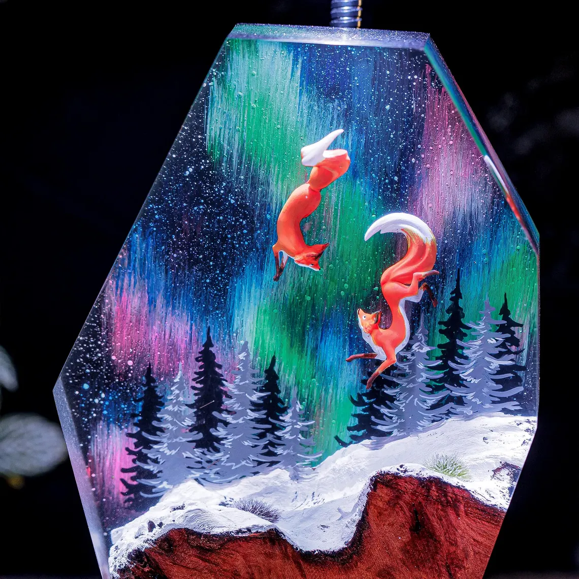 Resin Lamp — Two Red Foxes Leaping under the Aurora over Snowy Pines, Burl Wood Resin Art Lamp - view 3